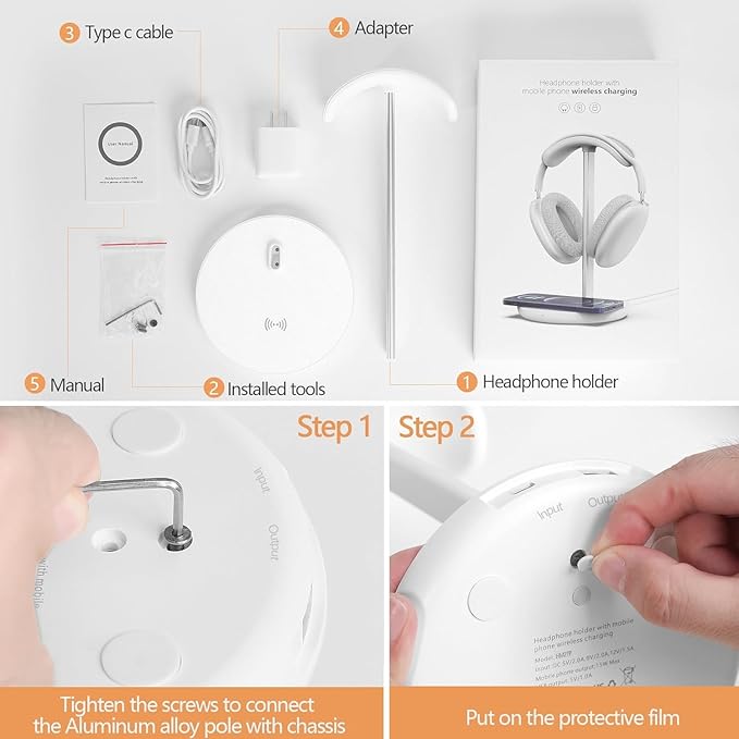 Miroddi Headphone Stand with Wireless Charger Independent USB Charging Port 5 in 1 Charging Station Headset Holder Rack for AirPods Max/Pro/4/3/2 iWatch iPhone Samsung and Desk Headphones White