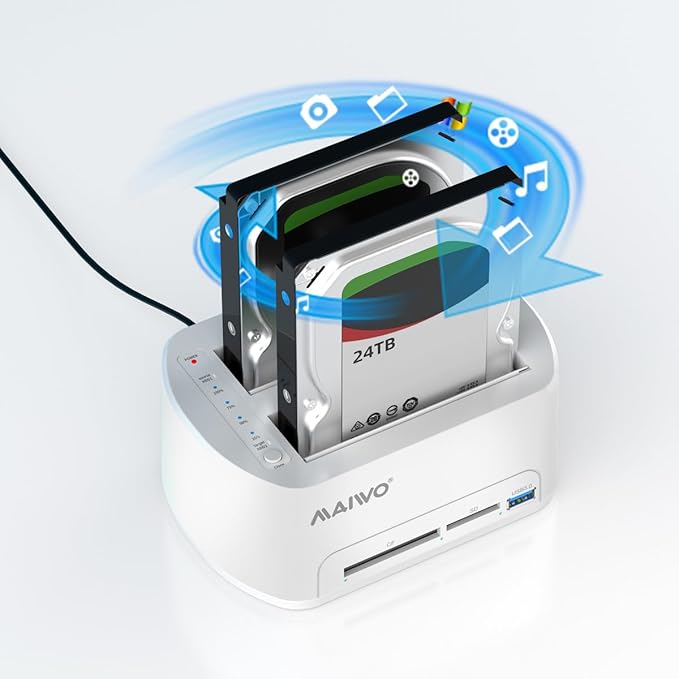 MAIWO SATA to USB 3.0 Dual-Bay Hard Drive Docking Station with Offline Clone for 2.5 &amp 3.5-inch HDD/SSD Hard Drive Dock with CF/SD Card Reader Support 2*24TB White