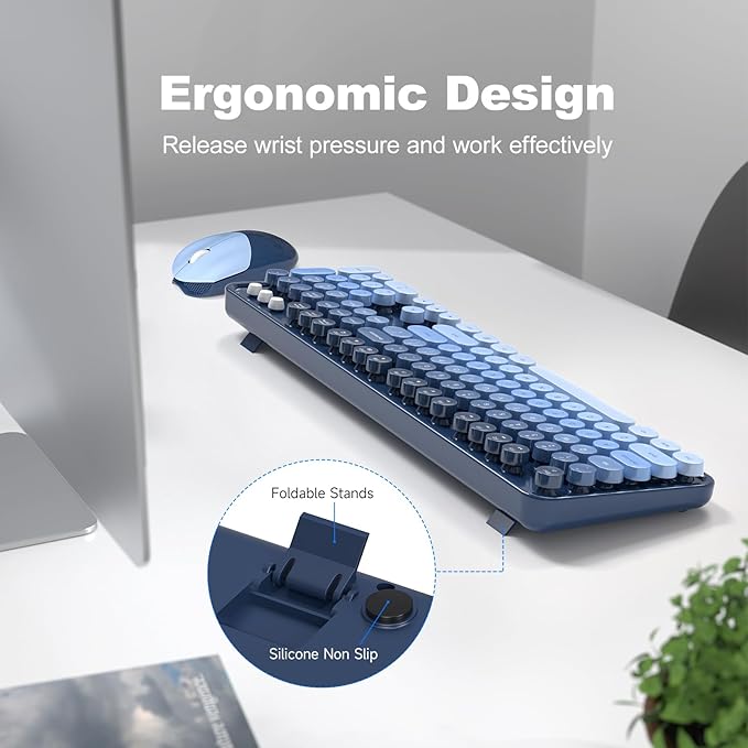 Wireless Keyboard and Mouse Combo MOWUX Full Size Typewriter Retro Round Computer Keyboard Cute Optical Mouse Wireless Plug and Play for Laptop PC Computer- Sea Blue Gradient