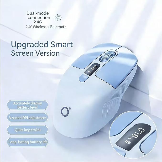 Rechargeable Silent Wireless Mouse with DPI/Battery Display BT/2.4G Ergonomic Portable Mouse for Laptop PC Mac iPad - Small Hands (Blue)
