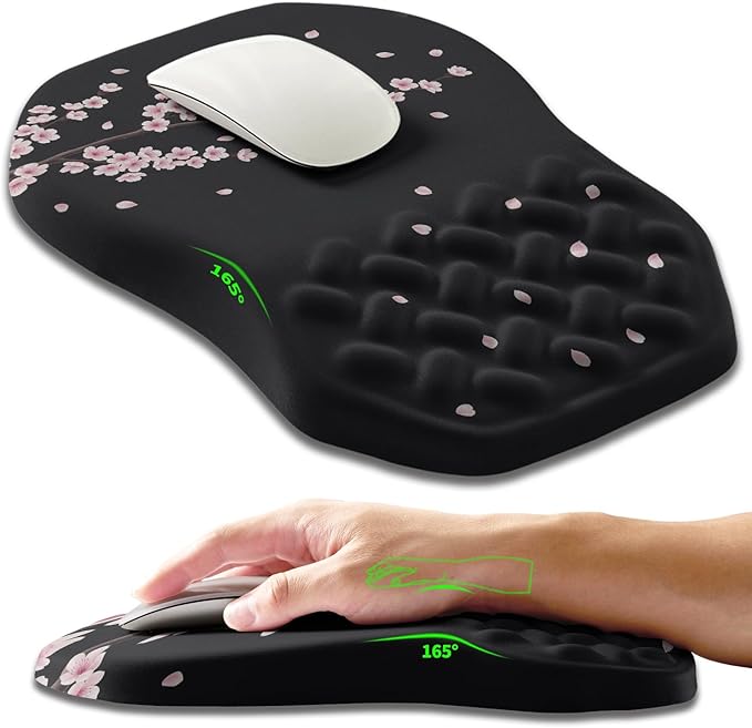 Ergonomic Slope Mouse Pad Wrist Support Wrist Rest Mousepad for Carpal Tunnel Pain Relief with Massage Bulge and Slow Rebound Memory Foam (12x8 inch Pink Blossom)