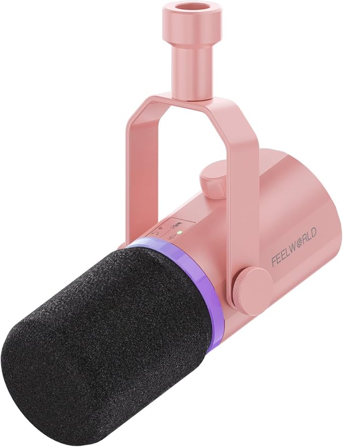 FEELWORLD PM1 XLR USB Dynamic Microphone Gifts for Podcast Recording PC Computer Gaming Live Streaming Vocal Voice-Over Studio Metal Mic with RGB Light Mute Button Headphones Jack (Pink)