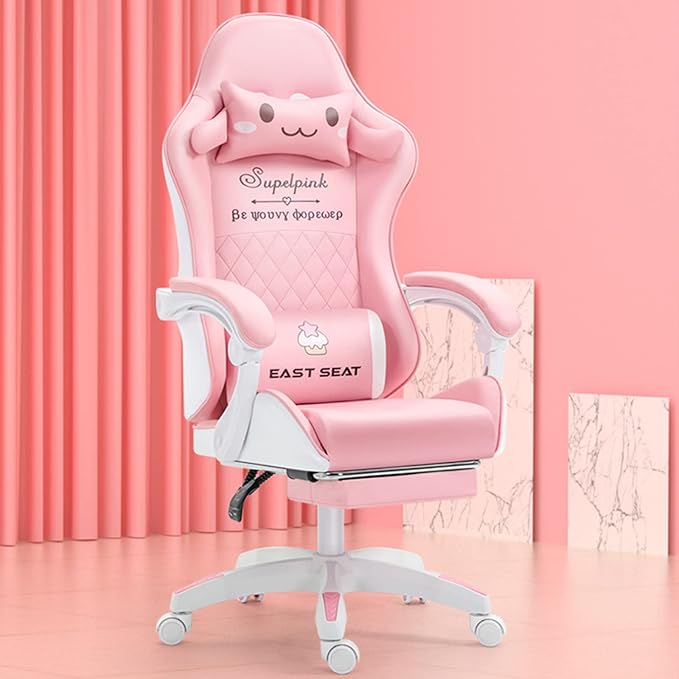 Gaming Chairs for Adults with 360°-Swivel Seat Headrest Massage Computer Chair with Height Adjustable Lumbar Support Footrest for Office Gaming Girl (Pinkfootrest)