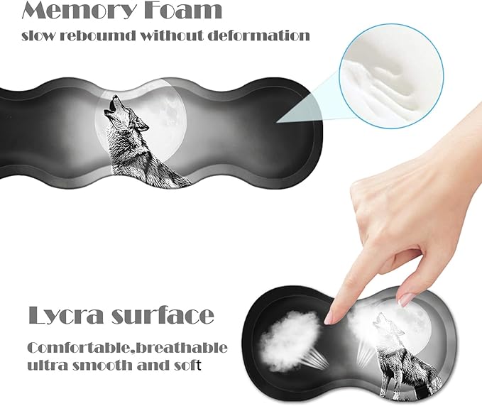 Ergonomic Keyboard Wrist Rest &amp Mouse Pad Wrist Rest SetXL Gaming Desk Mat 31.5x 11.8Non-Slip BaseMemory FoamEasy Typing Pain Relief for Office &amp HomeHowling Wolf in Moonlight