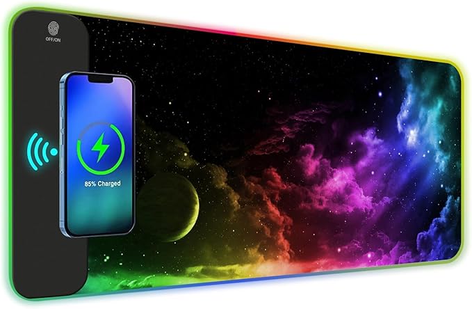 AIMSA Wireless Charging RGB Gaming Mouse Pad 15W Extended LED Desk Mat Protector 800x300x4MM 14 Light Modes Extra Large Mousepad Non-Slip Rubber Base Desk Mat Nebula Universe