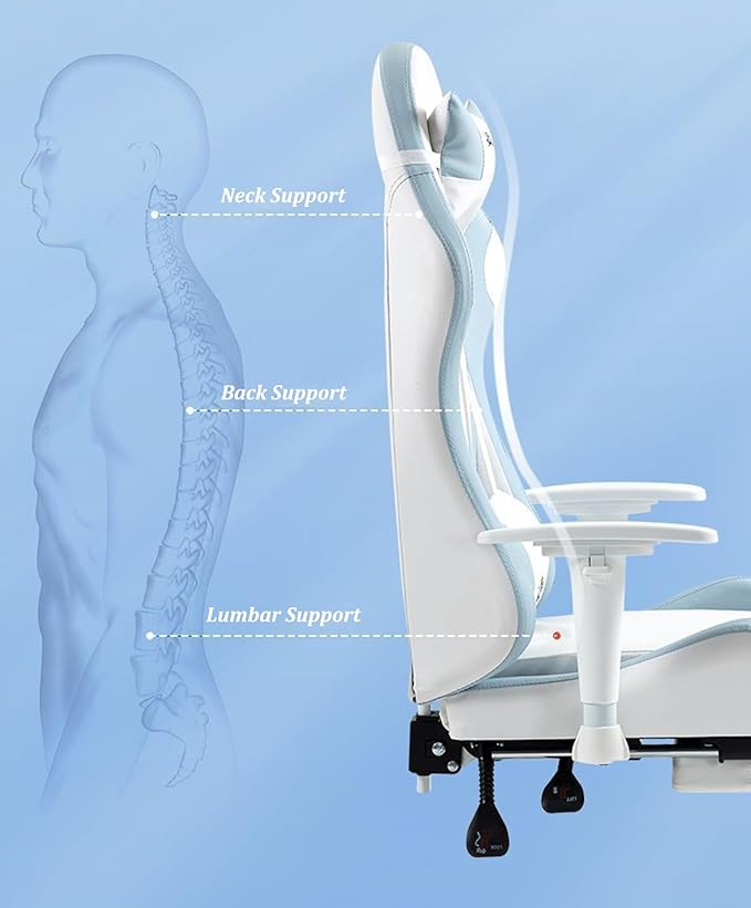 Adult Gaming Chair with Footrest Video Gaming Chair with Lumbar Support Ergonomic High Back Computer Chair Reclining Gaming Chair PU LeatherBlue
