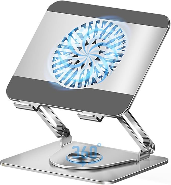 360° Rotating Adjustable Laptop Stand with Cooling Fan Foldable Dual-Bar Support Height Tilt Angle Cooling Laptop Stand for Desk Pad Laptop Riser Heat Dissipation Stand Fit 10-17.3 Device