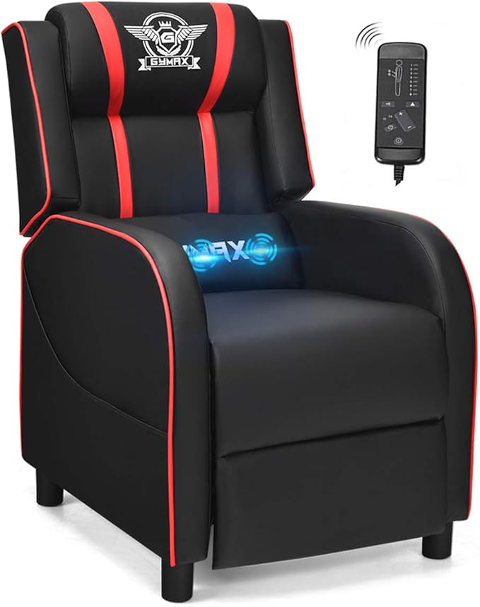 POWERSTONE Gaming Recliner Chair Reclining Gaming Chairs for Adults Ergonomic Leather Sofa with Footrest Lumbar Support Headrest and Side Pouch for Living Room Home Theater Red
