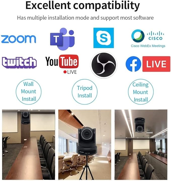 ROCWARE RC20 PTZ Camera [USB Output &amp AutoFocus] Video Conference Camera with 10X Optical Zoom 16X Digital Zoom [Low-Light &amp White Balance Correction] 2K 1080P Full-HD Live Streaming Webcam