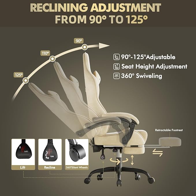 Soontrans Velvet Fabric Gaming Chair with Footrest Comfortable Video Gamer Chair for Adult Ergonomic Desk Game Office Computer Chairs with Massage Lumbar CushionHeadrest