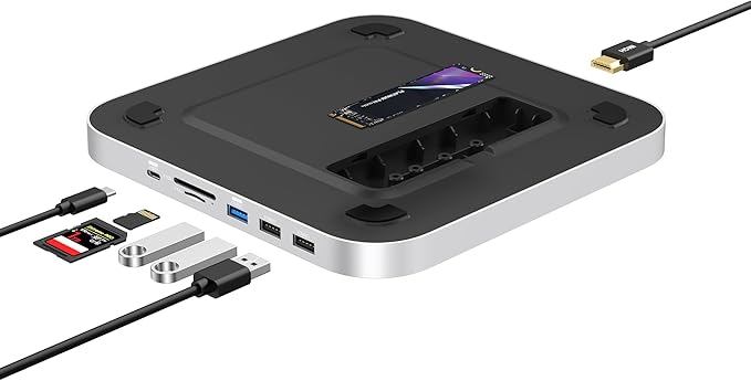 Qwiizlab Mac mini Hub with NVMe Enclosure Docking Stastion for Mac mini M2/M1 Mac Studio M4/M/3/M2/M1Type-C 10Gbps Card Readers 104MB/s HDMI 4K Fits M.2 SATA PCIe NVMe SSD (Silver)