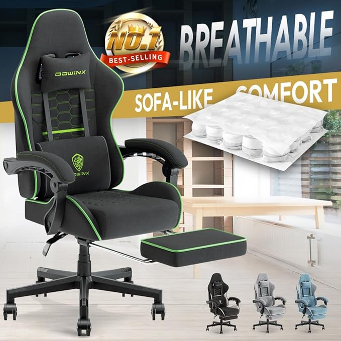 Dowinx 5TE8 Gaming Chair Fabric with Pocket Spring Cushion Massage Game Chair Cloth with Headrest Ergonomic Computer Chair with Footrest 290LBS
