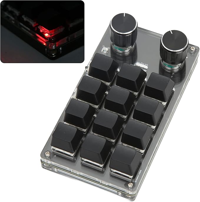 Qqmora One Handed Mechanical Gaming Keypad Green Shaft Shortcut Programmable Keyboard 12 Keys 2 Knobs for OfficeConsole
