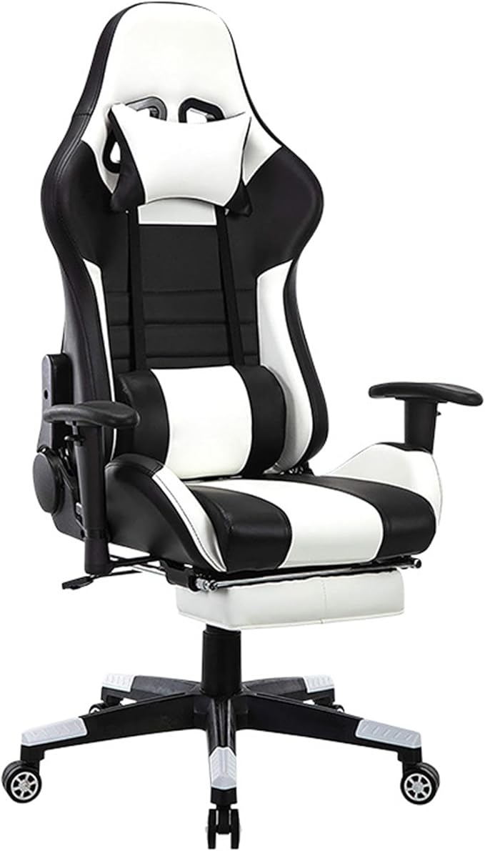 Ergonomic Gaming Chair Desk Chair Leather Computer Chair with Headrest and Lumbar Support Swivel Reclining Video Game Chair for AdultsBlack+WhiteHeight 124134C