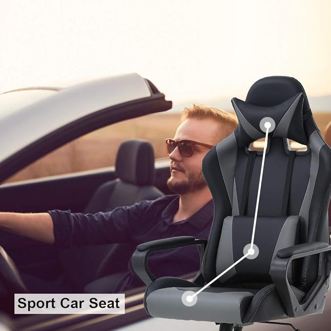 Gaming Chair Computer Gamer Racing Chair High Back Video Game Chair Leather Gaming Chair Ergonomic Adjustable Swivel Racing Chair with Headrest and Lumbar Supportfor Back Pain WomenMen (Grey)