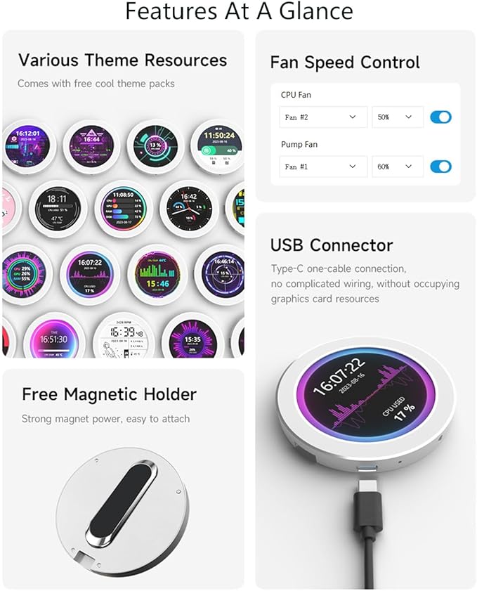 2.1 USB Monitor Water Cooler Case - Desktop RGB Ambient Screen 480480 Resolution IPS Panel Music Spectrum Analysis Dynamic Theme Editor Silver