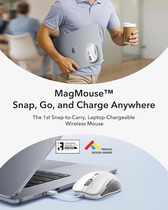 ESR MagMouse Snap-to-Carry Bluetooth Mouse Rechargeable Wireless Mouse for Laptop with Built-in Charging Cable Reusable Adhesive Holder BT 5.0 + 2.4 GHz Connectivity Silent Ergonomic White