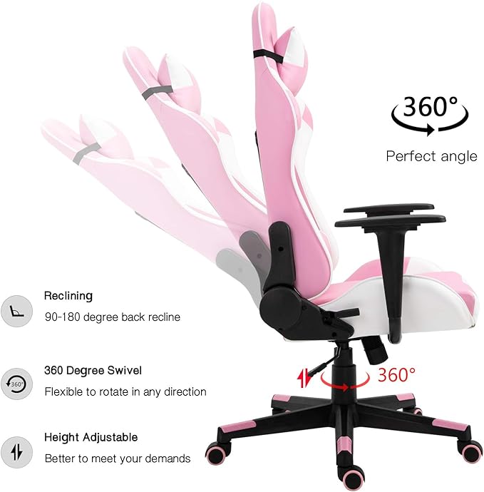 Modern-Depo Gaming Chair Pink White Adjustable Swivel Ergonomic Office Recliner Chairs for Adults Girls