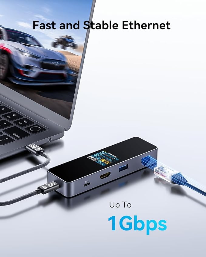 DOCKCASE Visual Smart USB C Hub (6-in-1) with HDMI Port 4K@60Hz Gigabit Ethernet USB-C and 2 USB-A 5Gbps Data Ports 100w PD Power Delivery for MacBook Air MacBook Pro XPS and More