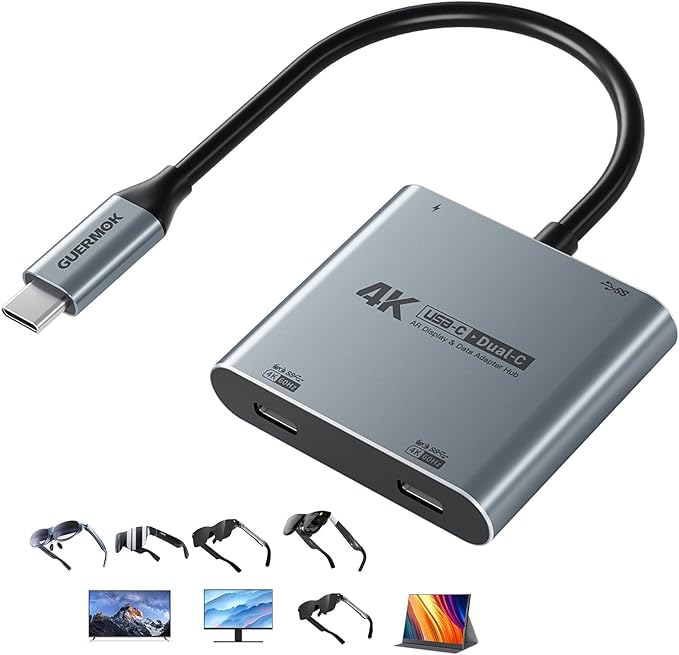 Guermok 4-in-1 Dual USB-C Display Hub 4K@60Hz Video PD 100W Fast Charging &amp USB 3.0 5Gbps Compatible with AR Glasses Switch 2 Laptops Portable Monitors &amp Type-C Displays（Silver）