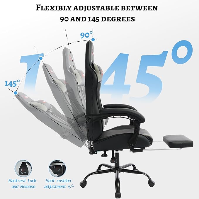 Ergonomic Gaming Chair with Footrest and Lumbar Massage Racing Office Chair High Back Computer Desk Chair with Headrest Pillow for Adults Video Game Chair for PC Gamer (1001-Gray)