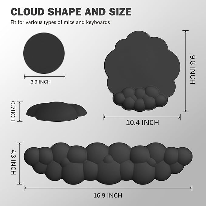 Cloud Keyboard Wrist Rest and Mouse Pad with Wrist Support Set Ergonomic PU Leather Mouse Pads Pain Relief Memory Foam Non-Slip Mousepad for ComputerLaptop Black
