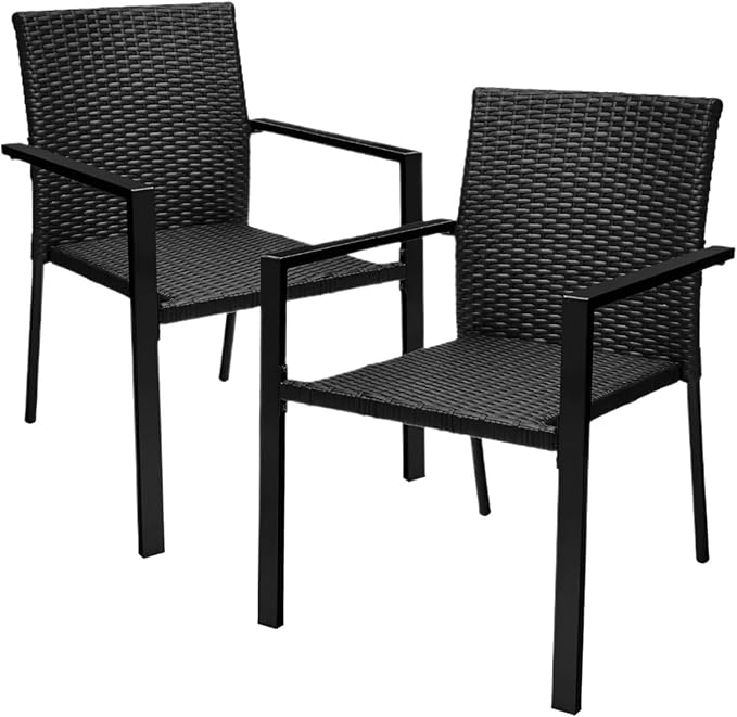 Adjustable Office Computer Chair with Armrest 2pcs Stackable Outdoor Rattan Wicker Dining Chairs with Armrests Steel Frames for Patio(Black)