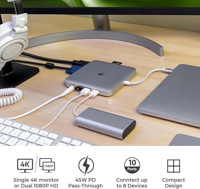 IOGEAR Compact USB-C Docking Station with Power Pass-Thru (GUD3C03)
