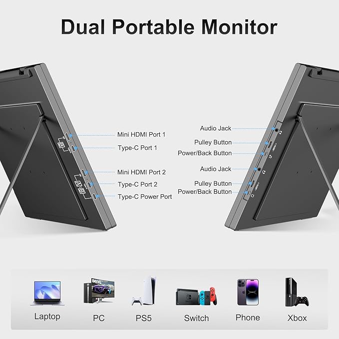 Dual Portable Monitor 18.5 1080P FHD IPS Folding Stacked Triple Laptop Screen Extender USB-C Plug &amp Play Travel Extended Computer Display for Laptop PC Windows Mac w/Stand &amp VESA Mountable