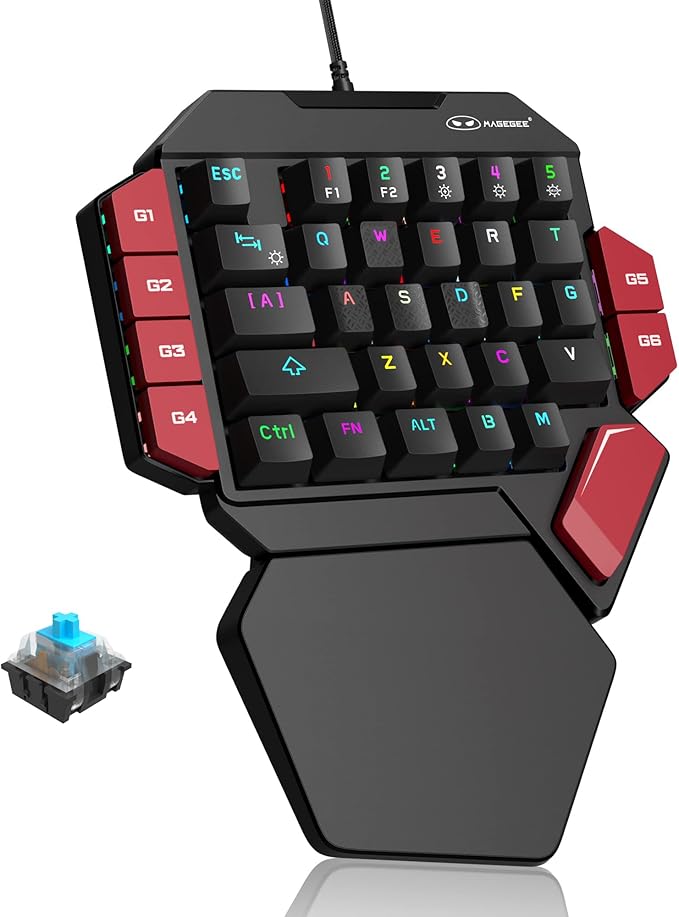 MageGee One Handed Professional Gaming Keyboard RGB Backlit 35 Keys Mini Wired Mechanical Keyboard with Blue Switch for PC Gamer Support 6 Macro Keys - Black/Red