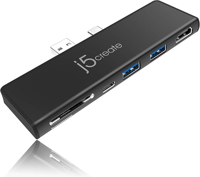 j5create Surface Pro 7 Ultradrive mini Dock 6-in-2 4K60 HDMI 10Gbps USB-A x 2 10 Gbps USB-C with PD 60W Pass-Through Charging SD/microSD Card Reader (JCD324B)