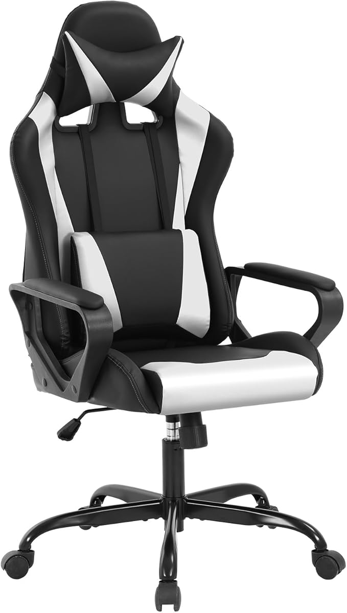 Ergonomic Gaming Chair Home Office Desk Chair with Headrest and Lumbar Support for Adults Height Adjustable Computer Chairs Pu Leather 360° Swivel High-Back White