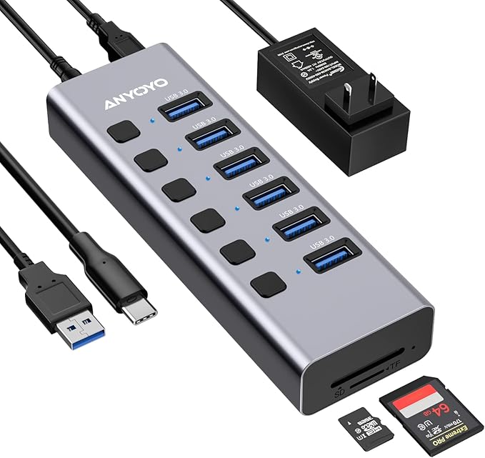 Powered USB Hub with TF/SD Card Reader 8-Port USB 3.0 Hub with 6 USB 3.0 Data Ports USB Spilter with Individual On/Off SwitchesAluminum USB Hub with AC Adapter for PC Desktop MacBook