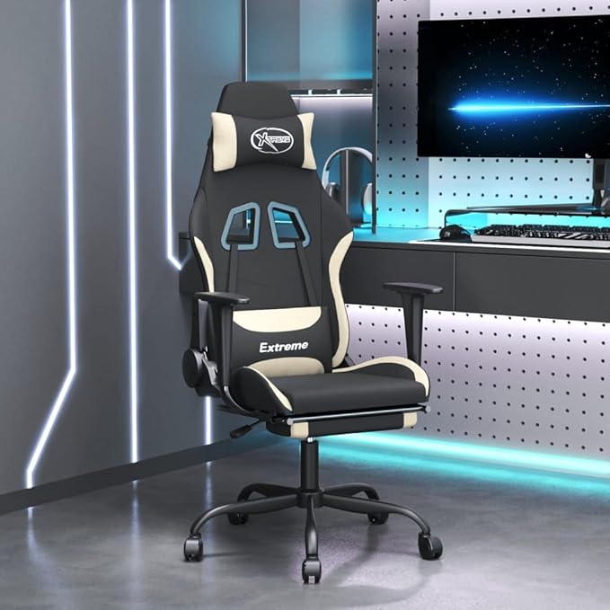 Massage Office Gaming Chair with Footrest Fabric Massage Office Chair Ergonomic Desk Chair Rolling Swivel Adjustable PC Computer Chair for Women Adults Girls(Black&ampCream)