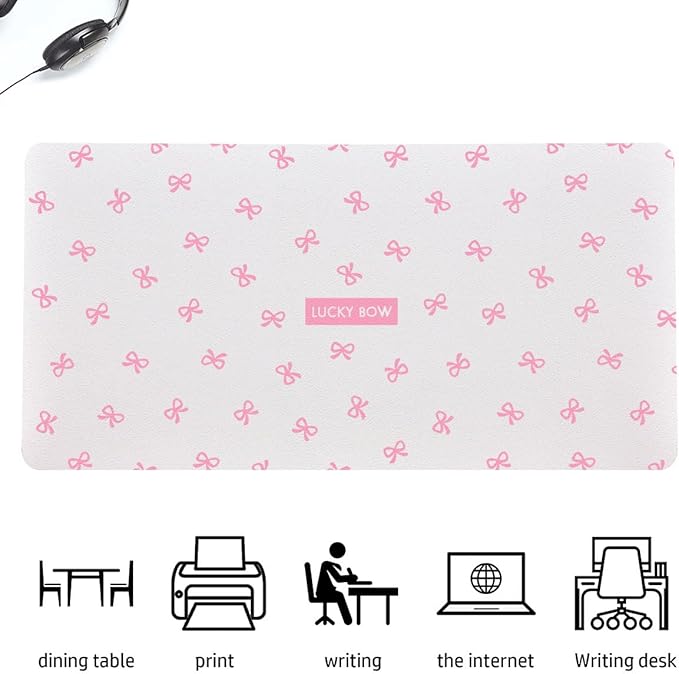 Cute Pink Bow Extended Gaming Keyboard Mouse Pad Non-Slip White Leather Home Office Desk Mat Protector Laptop Desk Pad Writing Pad