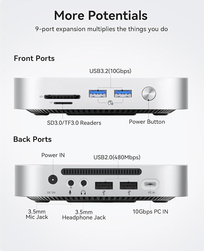 ORICO USB Hub Compatibility with Mac mini M4 9-in-1 Aluminum Dock with SSD Enclosure for NVME/SATA M.2 USB A 10Gbps 3.0 SD/TF Card Readers 3.5mm Audio Jack