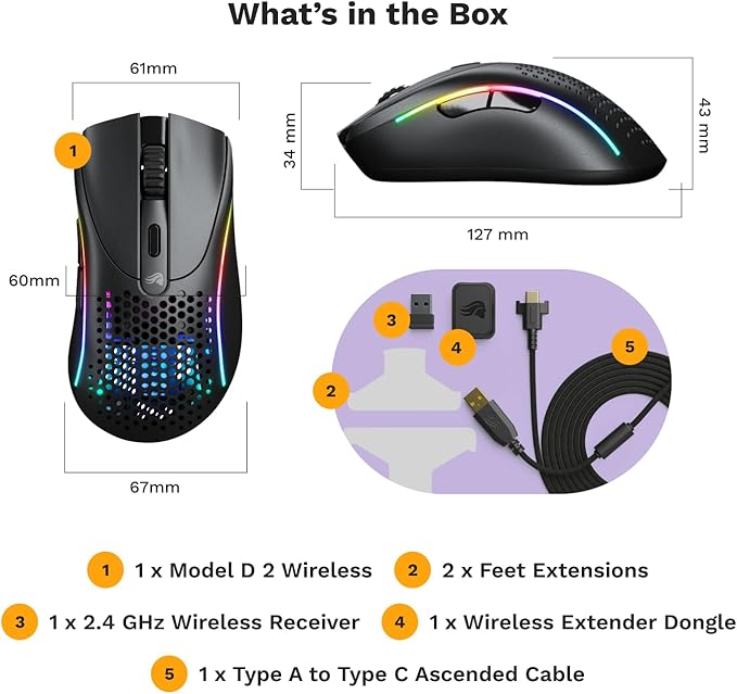 Glorious Gaming - Model D 2 Wireless Ergonomic Mouse Superlight 66g up to 210 hr Battery Life 26K Optical Sensor 6 Programmable Buttons 80 Million Clicks FPS MMO MOBA Battle Royale (Black)