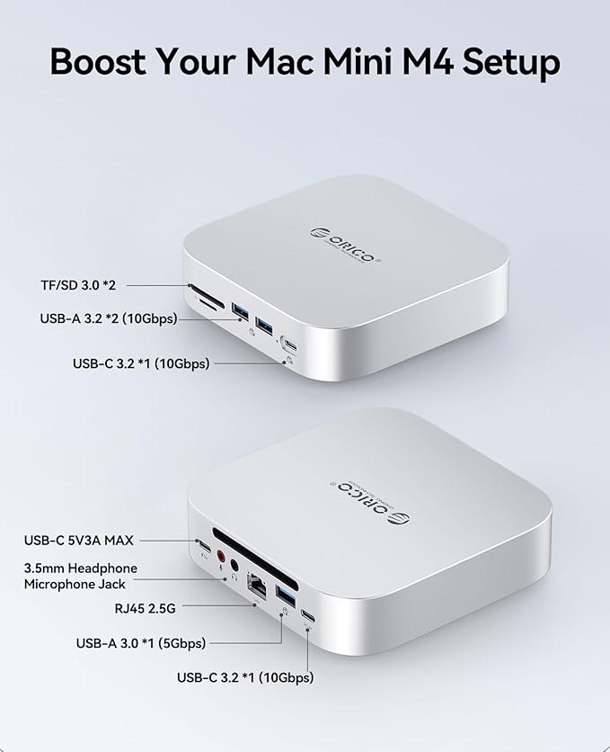 ORICO MiniLink Mac mini M4 Dock &amp Stand 2 × 10Gbps USB 3.2 Ports 10Gbps USB C USB A 3.0 2.5G Ethernet Port SD/TF 3.5mm Headphone &amp Microphone Jacks Compatible with Mac mini M4/M4 Pro (M