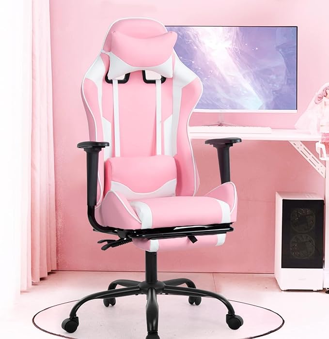 Ergonomic Gaming Chair with Footrest High Back PU Leather Office Desk Chair for Adults Teens Rolling Swivel Computer Chair (Pink)