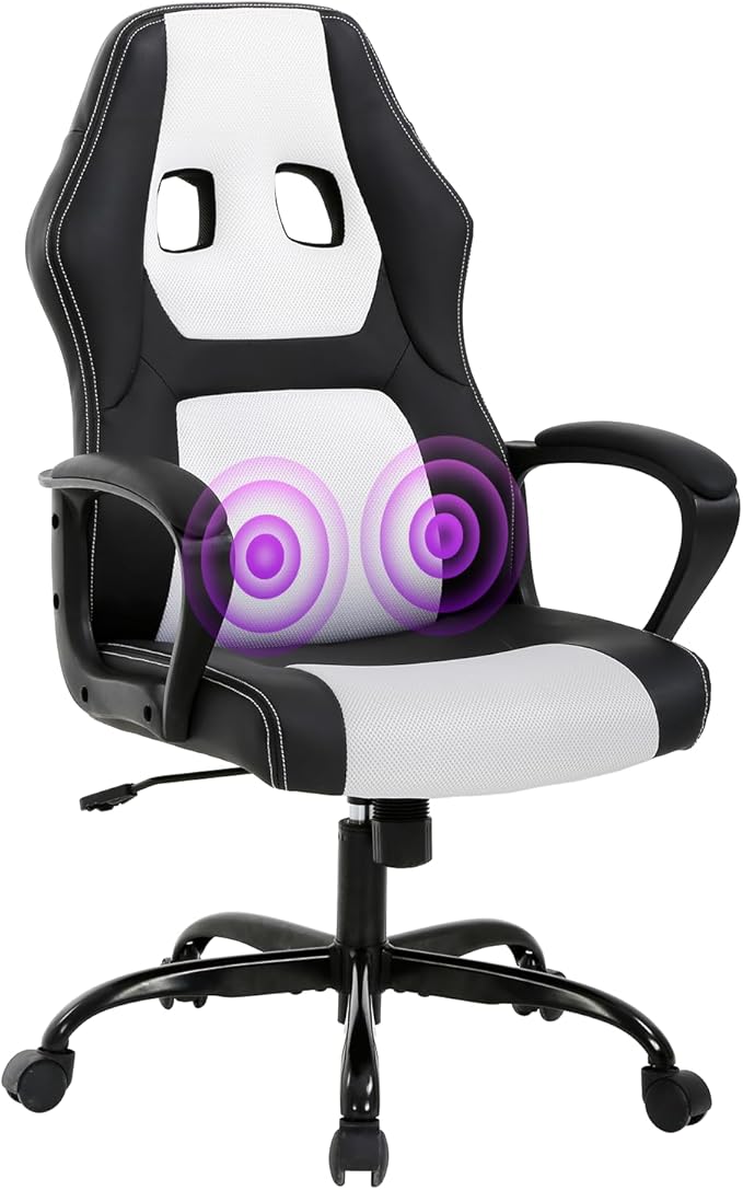 Gaming Chair Office Chair Adjustable Ergonomic High Back Massage Computer Desk Chairs with Lumbar Support PU Leather Racing Chairs Rolling Swivel for Adult &amp TeenWhite