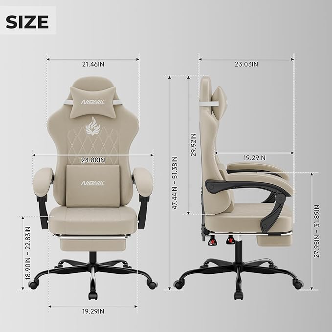 Ergonomic Gaming Chair Video Gamer Chairs Gaming Computer Chairs Gamer Chairs for Adults Massage Lumbar Support Swivel Height Adjustable Headrest Backrest Beige