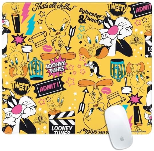 Skinit Medium Gaming Mouse Pad - Officially Licensed Tweety and Sylvester Patches Design with Stitched Edges Waterproof Non-Slip Rubber Base Desk Mat for Keyboard &amp Mouse 17.7 x 15.75 inches