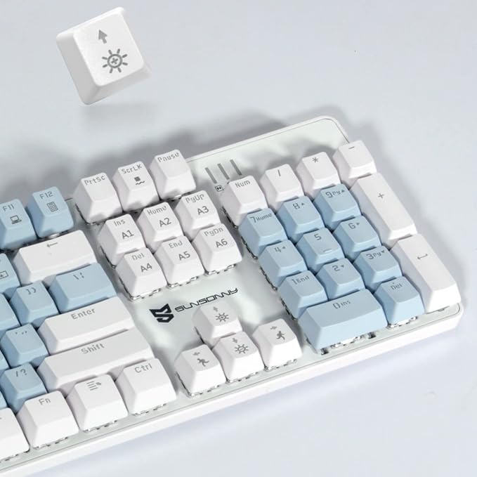Full Size Wired Mechanical Gaming Keyboard | Blue Switch Led Backlit 104 Keys US Layout Mechanical Computer Keyboards | Hot Swappable Blue &amp White Keycaps Light Up PC Gaming Keyboard