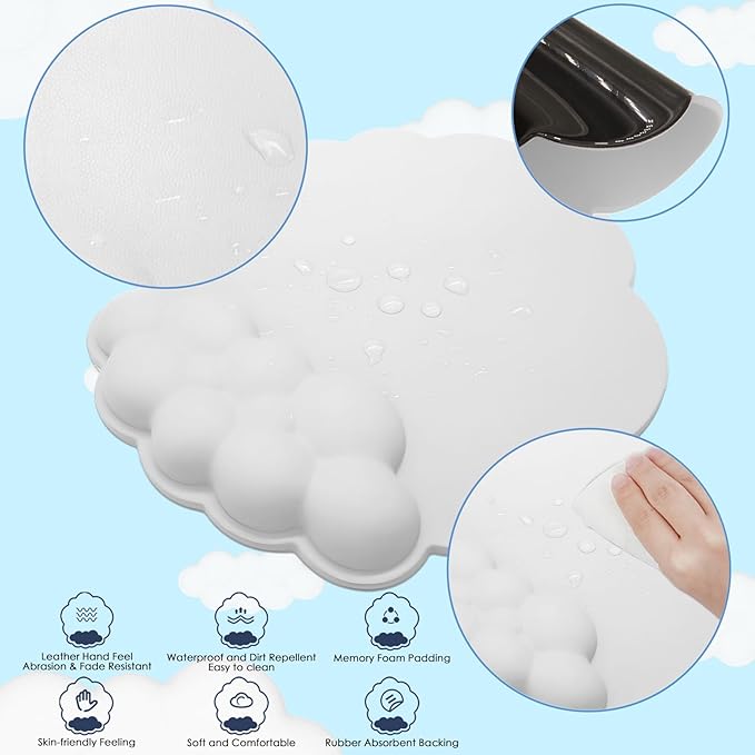 HOTTYAO Cloud Mouse Pad Wrist Support Keyboard Wrist Rest Set Ergonomic Wrist Support for Typing Pain Relief Portable for Computer Office Gaming (White-L)