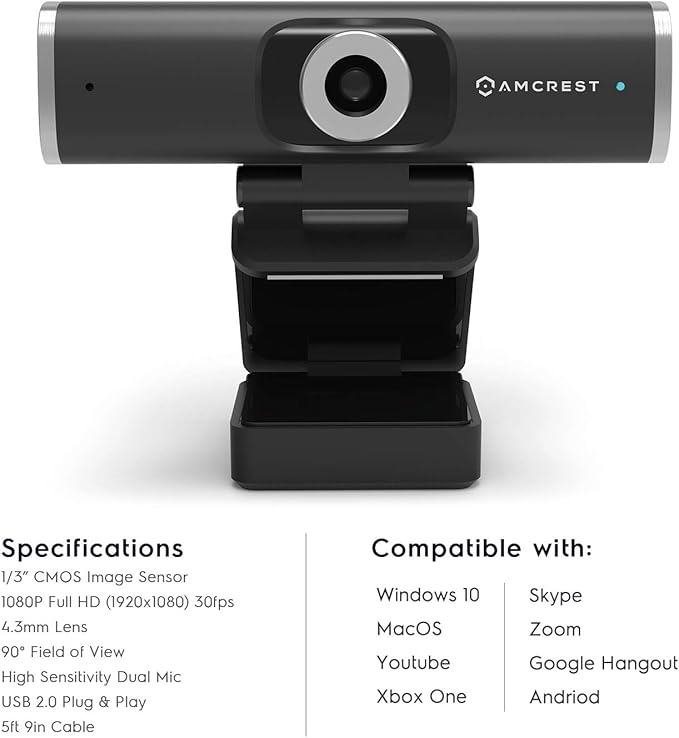 Amcrest 1080P Webcam with Microphone for Desktop Web Cam Computer Camera Streaming HD USB Web Camera for Laptop &amp PC with Privacy Cover Wide Angle Lens Superior Low Light (AWC195-B)