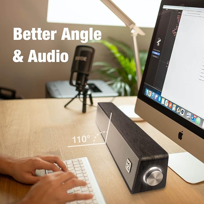 MICA Bluetooth Computer Speakers Angled Wooden Computer Sound Bar 3.5mm Aux-in Connection Wired USB Powered PC Speakers for Desktop Monitor Laptop Tablet - Yellow &amp Black (M30T)