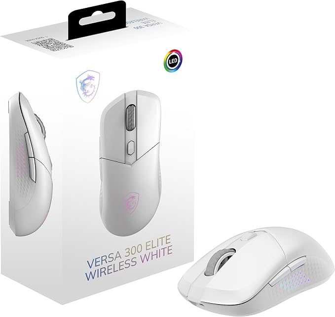 msi Versa 300 Elite Wireless White Gaming Mouse - 26000 DPI Optical Sensor 1000 Hz Polling Rate Symmetrical 60M+ Click OMRON Switches 6 Buttons 200-Hour Battery 1ms Latency RGB 65g