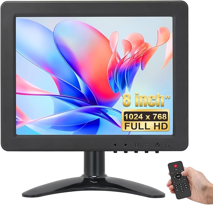 OSCY 8 Inch Small Monitor 4:3 HDMI Monitor 1024x768 Support HDMI/VGA/AV/BNC Input with Remote Control &amp Built-in Speakers Mini Color Screen Display for Computer TV Raspi CCTV Camera Car