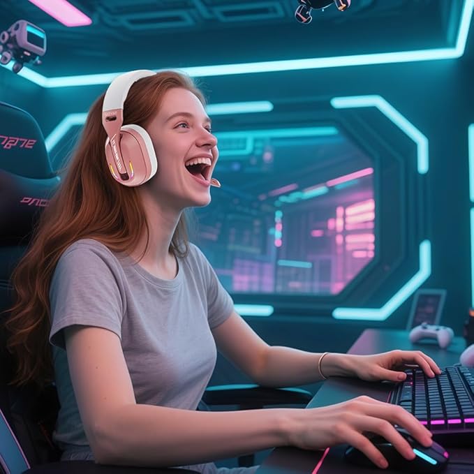2.4GHz Wireless Gaming Headset for PC PS5 PS4 Switch - Bluetooth 5.4 20H Battery with ENC Noise Canceling Microphone Cool Lighting 40mm Driversfor Wired Mode Xbox Series -Rose Gold