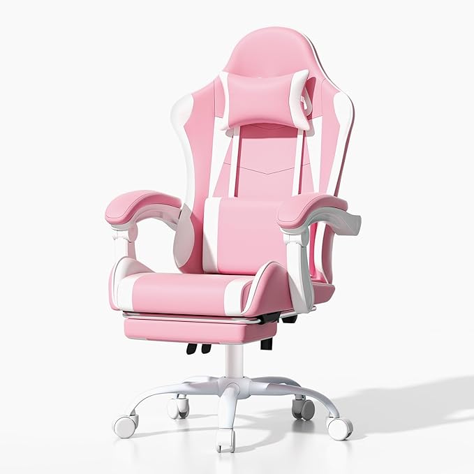 Athena Collection Gaming Chair Ergonomic Gaming Chair with Footrest &amp Headrest Lumbar Support Height Adjustable Swivel Computer Chair Office Chair for Kids Adults(Pink)